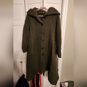 Elegant Olive Green Hooded Wool Coat